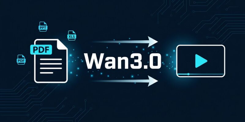 Alibaba Wan3.0 AI video generation model - document to video conversion diagram with PDF and video icons on dark blue background