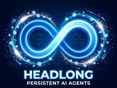 Circular infinity loop symbol representing Headlong persistent AI agent continuous thought loop, blue and white ByteIota aesthetic
