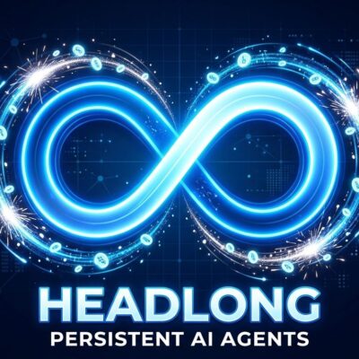 Circular infinity loop symbol representing Headlong persistent AI agent continuous thought loop, blue and white ByteIota aesthetic