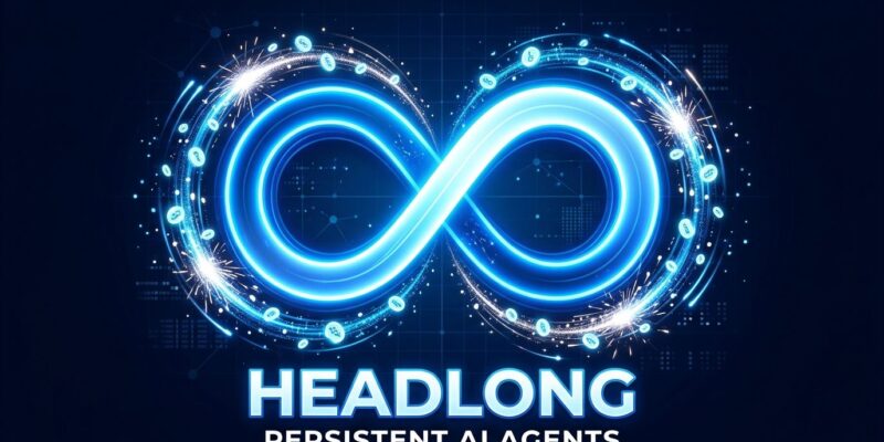 Circular infinity loop symbol representing Headlong persistent AI agent continuous thought loop, blue and white ByteIota aesthetic