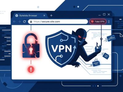 Cracked padlock behind a fake VPN shield logo in a Chrome browser window — illustrating the fake Chrome VPN extension threat