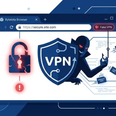 Cracked padlock behind a fake VPN shield logo in a Chrome browser window — illustrating the fake Chrome VPN extension threat