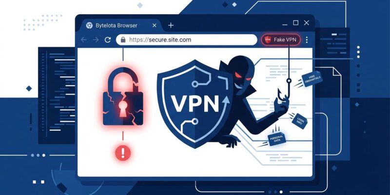 Cracked padlock behind a fake VPN shield logo in a Chrome browser window — illustrating the fake Chrome VPN extension threat
