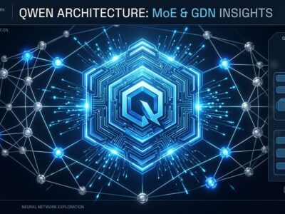 Qwen3.8-Flash-Next MoE architecture diagram showing sparse activation network nodes and Qwen4 architecture preview