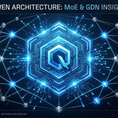 Qwen3.8-Flash-Next MoE architecture diagram showing sparse activation network nodes and Qwen4 architecture preview