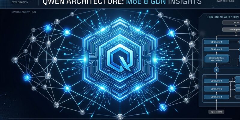 Qwen3.8-Flash-Next MoE architecture diagram showing sparse activation network nodes and Qwen4 architecture preview