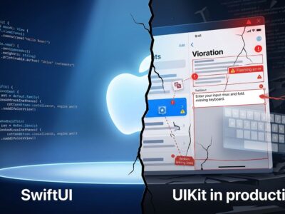 Split-screen showing SwiftUI polished WWDC demo on left versus production bugs and broken features on right