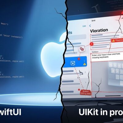Split-screen showing SwiftUI polished WWDC demo on left versus production bugs and broken features on right