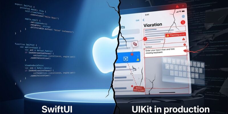 Split-screen showing SwiftUI polished WWDC demo on left versus production bugs and broken features on right