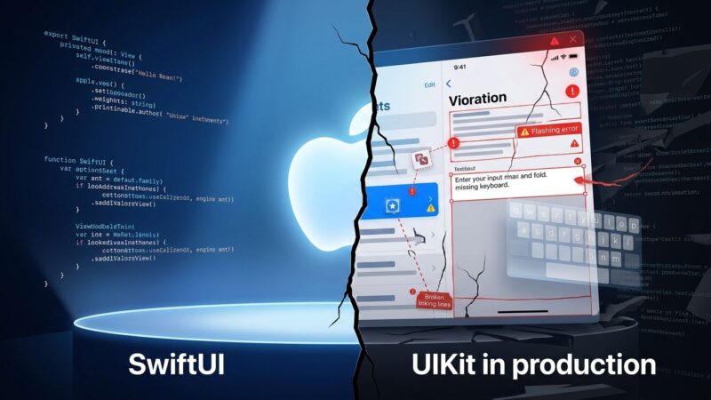 Split-screen showing SwiftUI polished WWDC demo on left versus production bugs and broken features on right