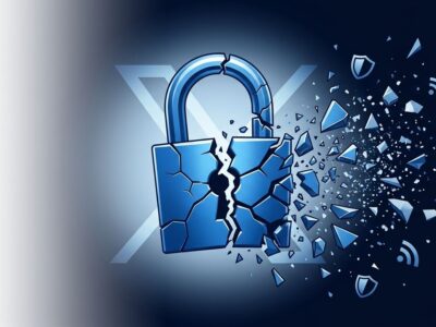 Broken padlock with X logo fragments and privacy icons dispersing, representing Nitter shutdown by X Corp cease and desist