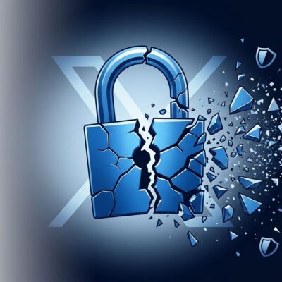 Broken padlock with X logo fragments and privacy icons dispersing, representing Nitter shutdown by X Corp cease and desist