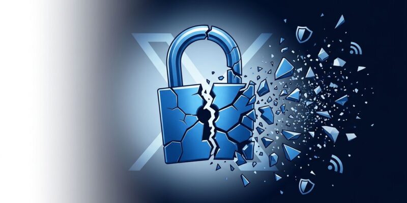 Broken padlock with X logo fragments and privacy icons dispersing, representing Nitter shutdown by X Corp cease and desist