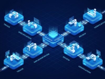 Warp Factories six-stage AI software pipeline orchestration diagram
