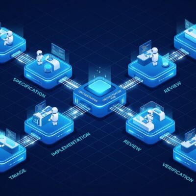 Warp Factories six-stage AI software pipeline orchestration diagram