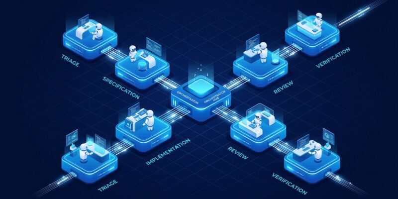 Warp Factories six-stage AI software pipeline orchestration diagram