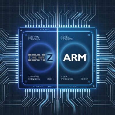 IBM dual-architecture mainframe processor chip with ARM and Z logos, representing the first chip that natively runs both instruction sets