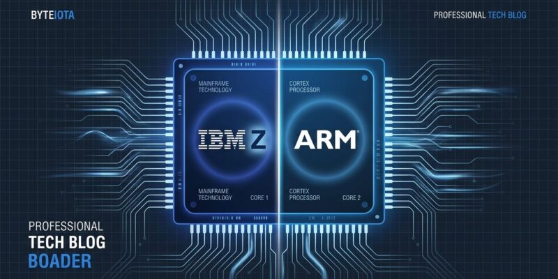 IBM dual-architecture mainframe processor chip with ARM and Z logos, representing the first chip that natively runs both instruction sets
