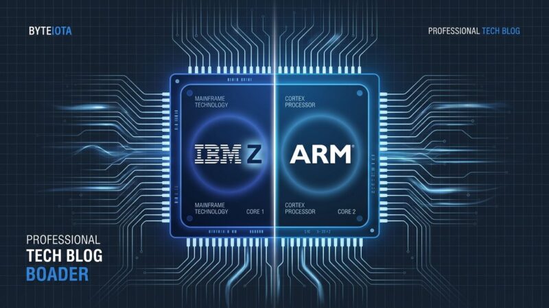 IBM dual-architecture mainframe processor chip with ARM and Z logos, representing the first chip that natively runs both instruction sets