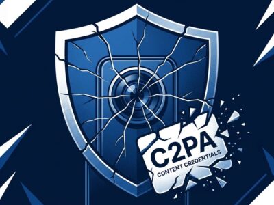 Cracked digital shield representing broken C2PA content authentication security on Android devices