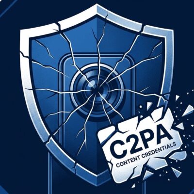 Cracked digital shield representing broken C2PA content authentication security on Android devices