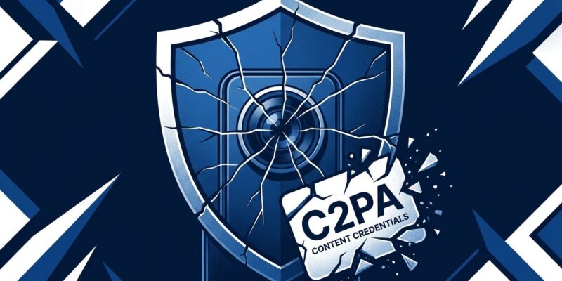 Cracked digital shield representing broken C2PA content authentication security on Android devices