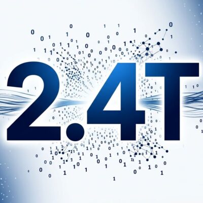 Bold conceptual illustration of 2.4T text with neural network particles for Qwen 3.8-Max AI model launch