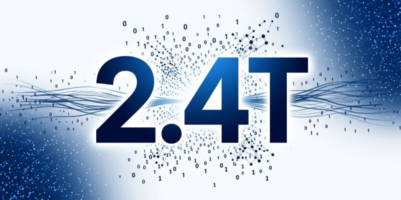 Bold conceptual illustration of 2.4T text with neural network particles for Qwen 3.8-Max AI model launch