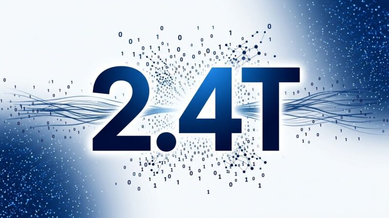 Bold conceptual illustration of 2.4T text with neural network particles for Qwen 3.8-Max AI model launch