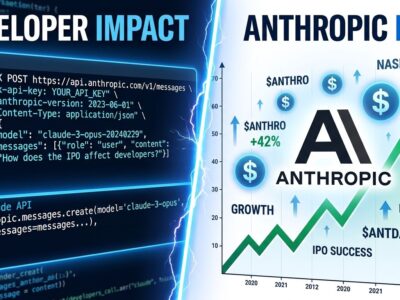 Split-screen illustration showing Claude API code on the left and Anthropic stock market IPO chart on the right