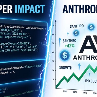 Split-screen illustration showing Claude API code on the left and Anthropic stock market IPO chart on the right