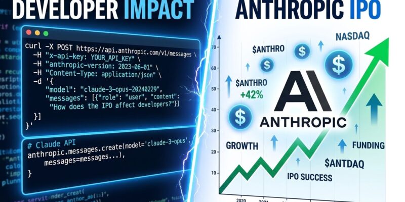 Split-screen illustration showing Claude API code on the left and Anthropic stock market IPO chart on the right