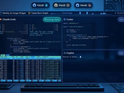 Omarchy 4 Quattro agentic Linux desktop showing Hyprland tiling with Herdr agent state indicators and Claude Code usage widget in status bar