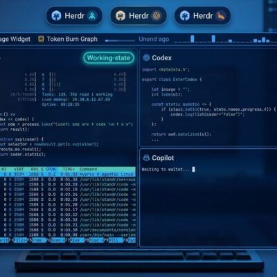 Omarchy 4 Quattro agentic Linux desktop showing Hyprland tiling with Herdr agent state indicators and Claude Code usage widget in status bar