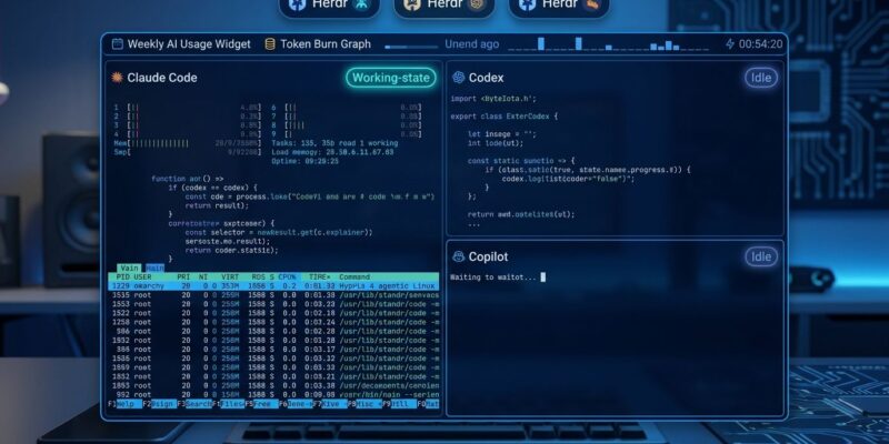 Omarchy 4 Quattro agentic Linux desktop showing Hyprland tiling with Herdr agent state indicators and Claude Code usage widget in status bar