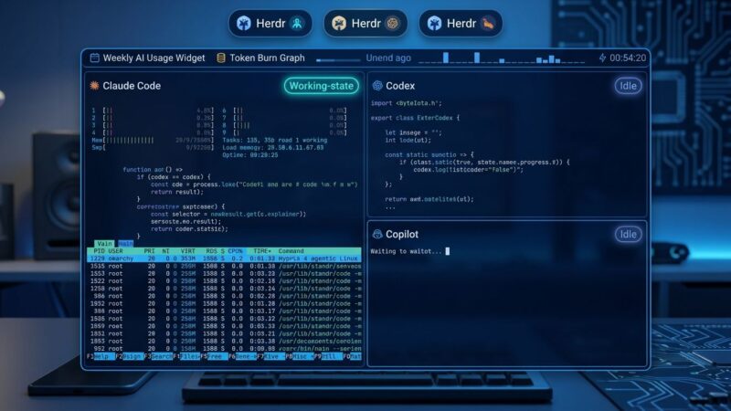 Omarchy 4 Quattro agentic Linux desktop showing Hyprland tiling with Herdr agent state indicators and Claude Code usage widget in status bar
