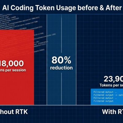 Data visualization comparing AI coding token usage before and after RTK Rust Token Killer, showing 80% reduction from 118,000 to 23,900 tokens per session