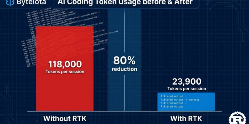 Data visualization comparing AI coding token usage before and after RTK Rust Token Killer, showing 80% reduction from 118,000 to 23,900 tokens per session
