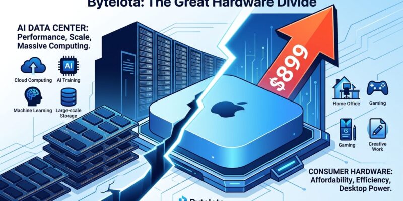 Mac mini price spike illustration showing AI data center demand driving up DRAM costs for consumer hardware