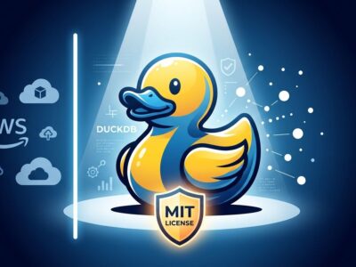DuckDB rubber duck logo with AWS cloud and Foundation barrier, representing the open source independence debate