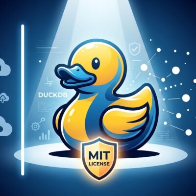 DuckDB rubber duck logo with AWS cloud and Foundation barrier, representing the open source independence debate