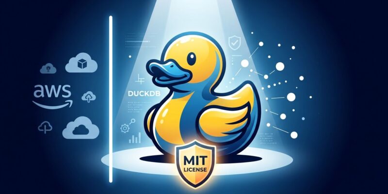 DuckDB rubber duck logo with AWS cloud and Foundation barrier, representing the open source independence debate