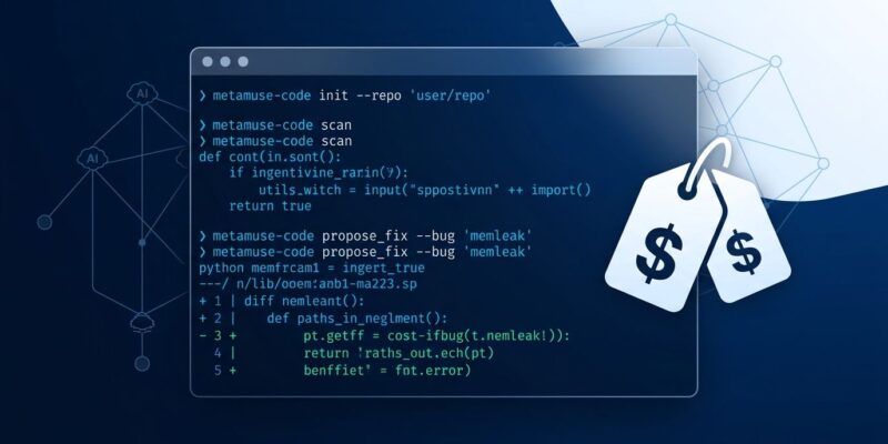 Meta Muse Code terminal coding agent - CLI interface showing parallel subagents in git worktrees with pricing tiers