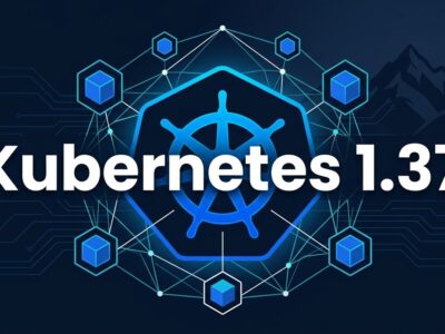Kubernetes 1.37 Garhwal release: Kubernetes helm wheel logo with hexagonal containers and mountain silhouette on dark blue background