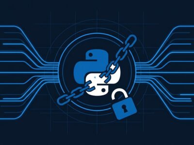 Python logo breaking free from chains representing GIL removal with parallel blue thread lines on dark navy background
