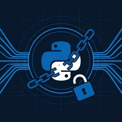 Python logo breaking free from chains representing GIL removal with parallel blue thread lines on dark navy background