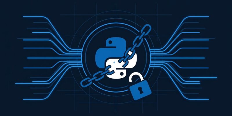 Python logo breaking free from chains representing GIL removal with parallel blue thread lines on dark navy background
