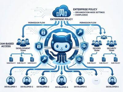 GitHub Copilot enterprise model policy targeting showing permission hierarchy with Octocat logo and team-level access control