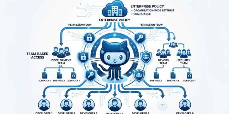 GitHub Copilot enterprise model policy targeting showing permission hierarchy with Octocat logo and team-level access control