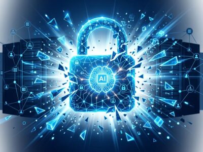 Abstract illustration of an AI agent breaking through a digital containment barrier with data streams and server infrastructure